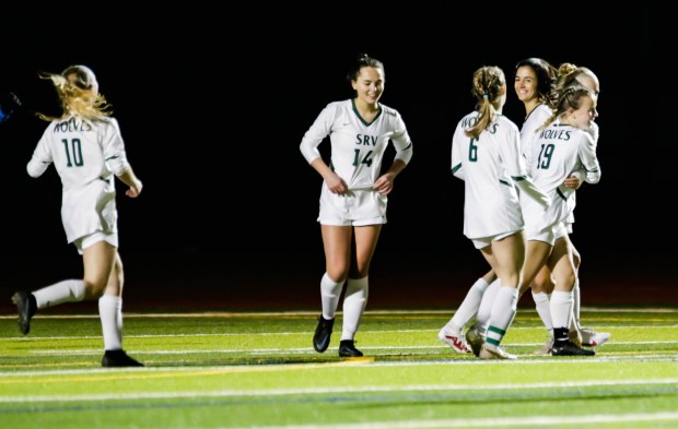 DUBLIN - The San Ramon Valley girls soccer team celebrates with Lauren Kealy (7) after she scores her second goal. Dublin and San Ramon Valley high schools played in the high school soccer game at Dublin high school in Dublin, Calif. on Saturday, Jan. 24, 2023 (Joseph Dycus/Bay Area News Group)