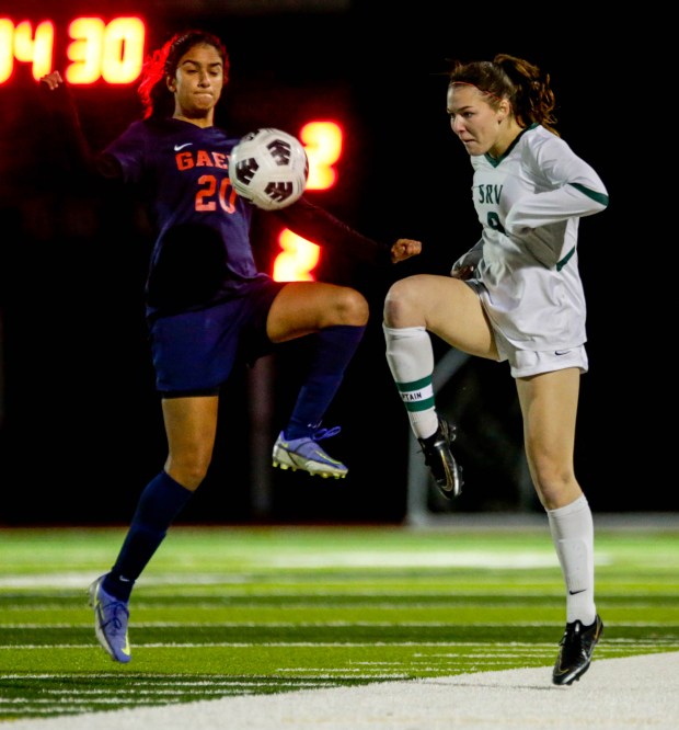 DUBLIN - San Ramon Valley forward Anna Colley and a Dublin defender compete for a ball in the air. Dublin and San Ramon Valley high schools played in the high school soccer game at Dublin high school in Dublin, Calif. on Saturday, Jan. 24, 2023 (Joseph Dycus/Bay Area News Group)