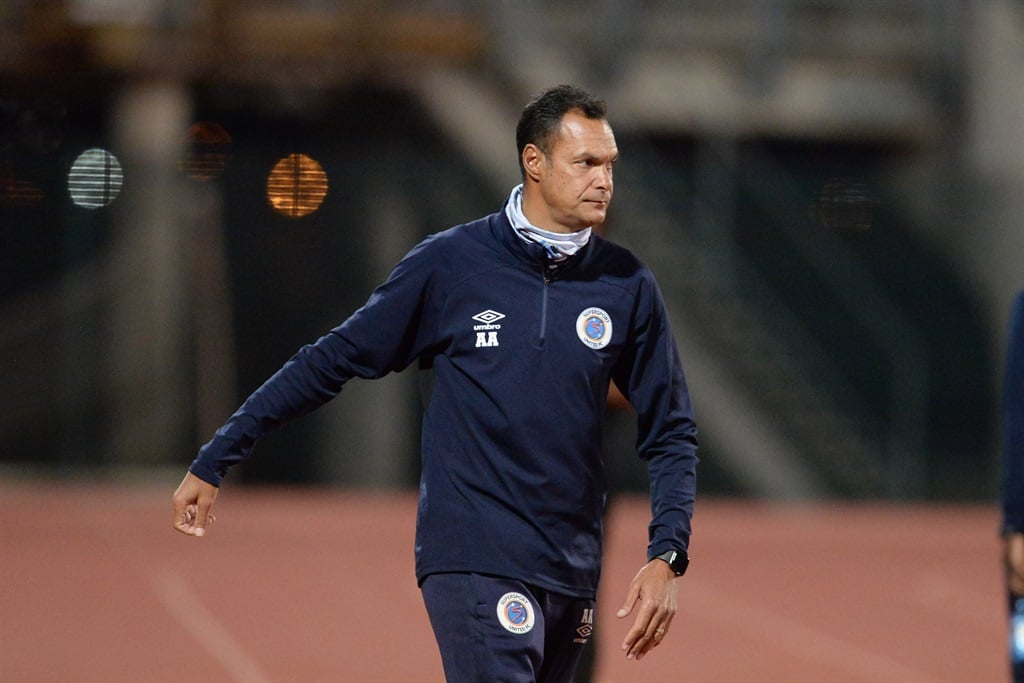 PRETORIA, SOUTH AFRICA - MAY 06: SuperSport United coach Andre Arendse  during the DStv Premiership match between SuperSport United and Swallows FC at Lucas Moripe Stadium on May 06, 2022 in Pretoria, South Africa. (Photo by Lefty Shivambu/Gallo Images)