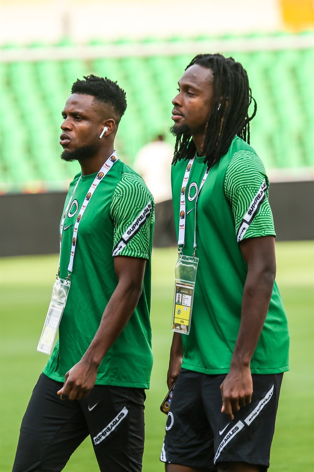 GAROUA, CAMEROON - JANUARY 10: Frank Onyeka and Olisa Ndah during the Nigerian national mens soccer team training session at Stade Roumdé Adjia on January 10, 2022 in Garoua, Cameroon. (Photo by Tobi Adepoju/Gallo Images)