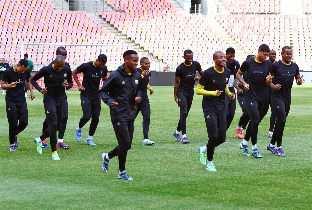 GQEBERHA, SOUTH AFRICA - OCTOBER 10: General view of warmups during the South Africa mens national soccer team press conference at Nelson Mandela Bay Stadium on October 10, 2024 in Gqeberha, South Africa. This press conference is ahead of their AFCON qualifier match against Congo Brazzaville. (Photo by Richard Huggard/Gallo Images)