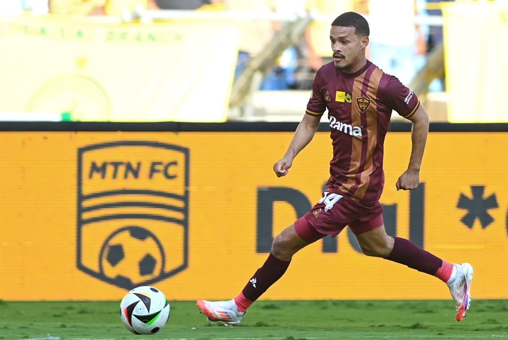 DURBAN, SOUTH AFRICA - SEPTEMBER 01: Devin Titus of Stellenbosch FC during the MTN8, Semi Final, 2nd Leg match between Stellenbosch FC and Mamelodi Sundowns at Moses Mabhida Stadium on September 01, 2024 in Durban, South Africa. (Photo by Darren Stewart/Gallo Images)