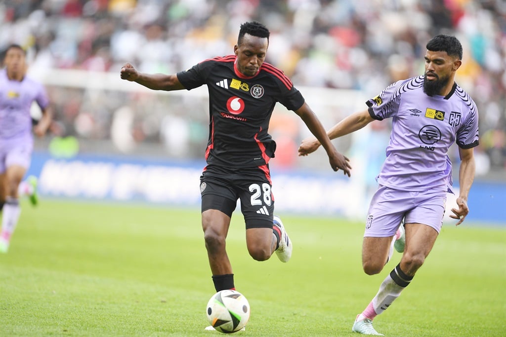 Patrick Maswanganyi of Orlando Pirates and Keanu Cupido of Cape Town City during the MTN8, Semi Final, 2nd Leg match between Orlando Pirates and Cape Town City FC at Orlando Stadium on 31 August 2024 in Johannesburg, South Africa.