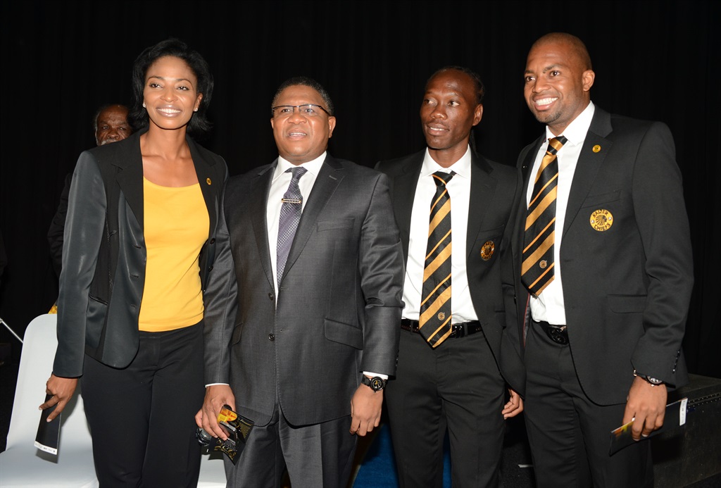 JOHANNESBURG, SOUTH AFRICA - OCTOBER 16: Jessica Motaung, Fikile Mbalula (Minister of Sport and Recreation), Reneilwe Letsholonyane and Itumeleng Khune during the SA Sports Awards press conference at Gallagher Convention Centre in Midrand on October 16, 2013 in Johannesburg, South Africa. (Photo by Lefty Shivambu/Gallo Images)