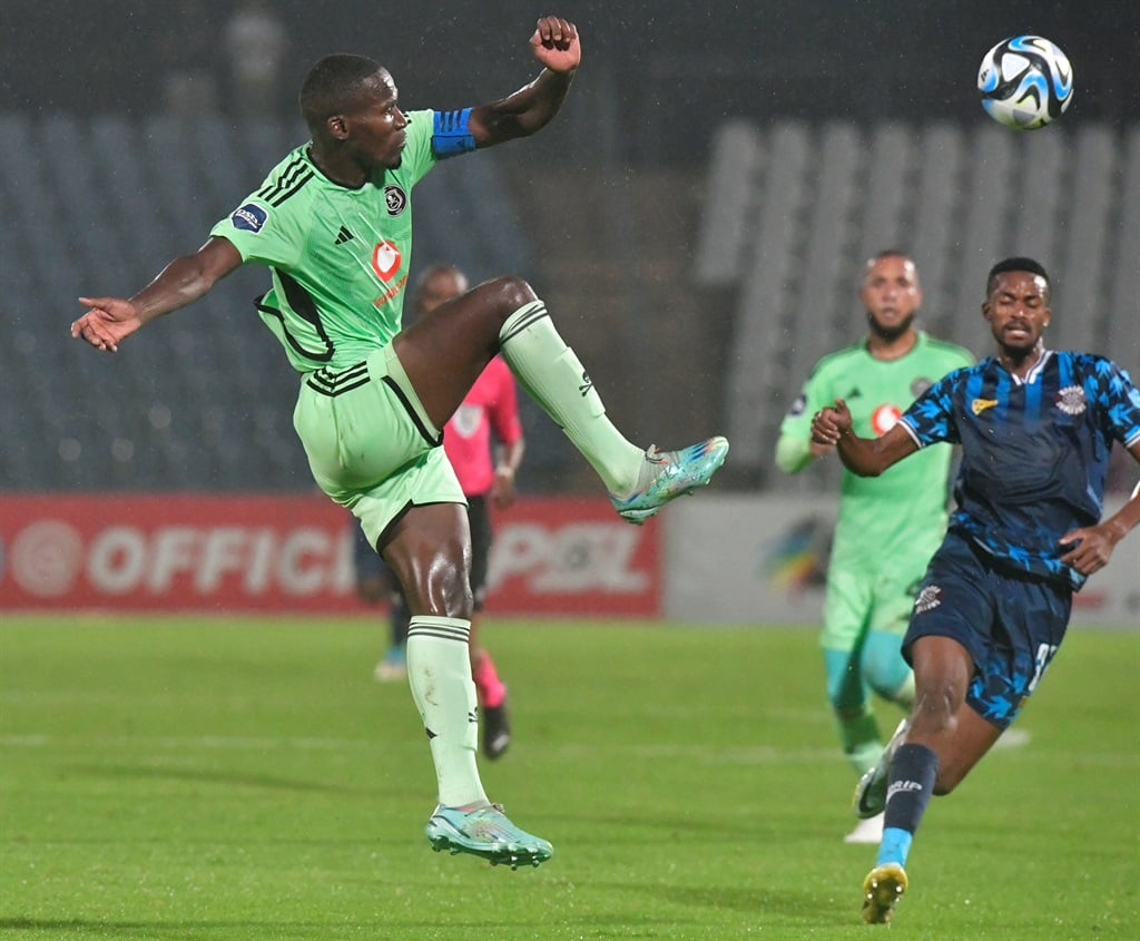 JOHANNESBURG, SOUTH AFRICA - APRIL 03:  Thapelo Xoki of Orlando Pirates defends during the DStv Premiership match between Moroka Swallows and Orlando Pirates at Dobsonville Stadium on April 03, 2024 in Johannesburg, South Africa. (Photo by Sydney Seshibedi/Gallo Images)