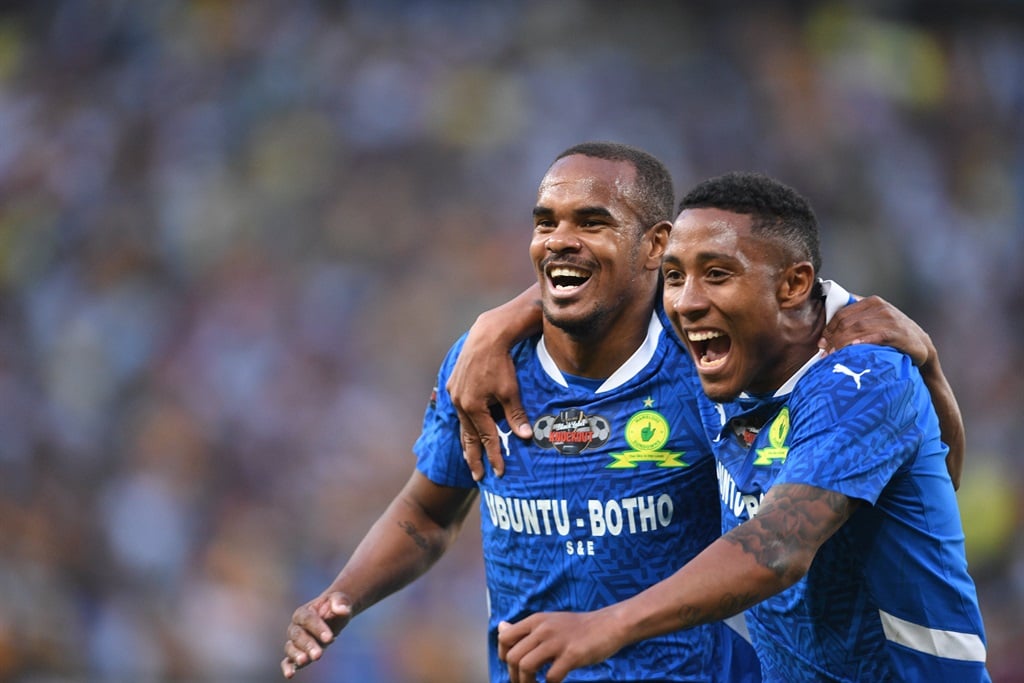 JOHANNESBURG, SOUTH AFRICA - NOVEMBER 02: Iqraam Rayners of Mamelodi Sundowns celebrates his goal with Lucas Rebeiro Costa of Mamelodi