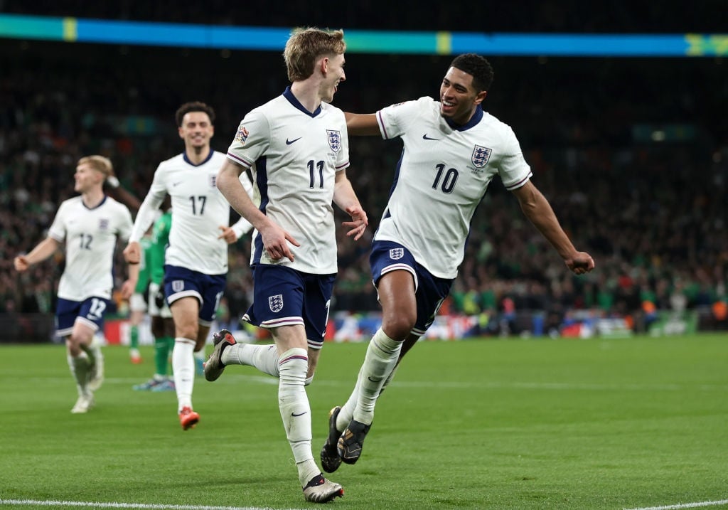 LONDON, ENGLAND - NOVEMBER 17: Anthony Gordon of England celebrates with Jude Bellingham after scoring his teams second goal during the UEFA Nations League 2024/25 League B Group B2 match between England and Republic of Ireland at Wembley Stadium on November 17, 2024 in London, England. (Photo by Alex Pantling/Getty Images)