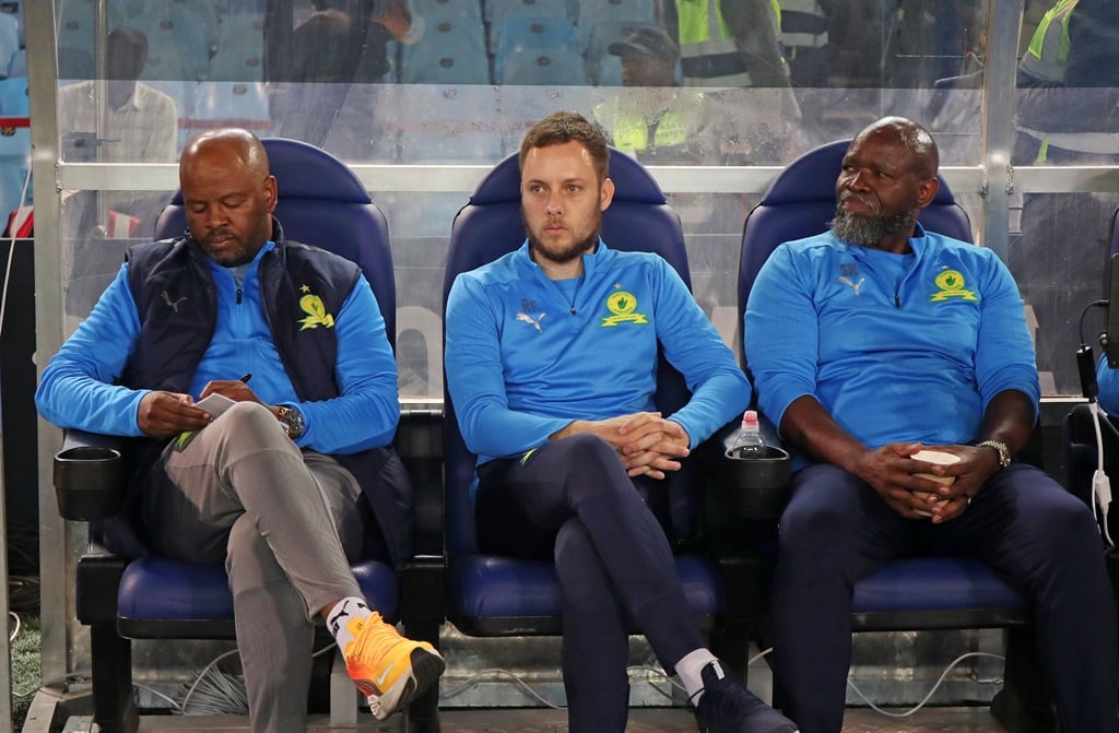 Manqoba Mngqithi, head coach of Mamelodi Sundowns with Romain Folz, assistant coach of Mamelodi Sundowns and Steve Komphela, senior coach of Mamelodi Sundowns during the Betway Premiership 2024/25 match between Mamelodi Sundowns and SuperSport United at the Loftus Versfeld Stadium, Pretoria on 17 September 2024 