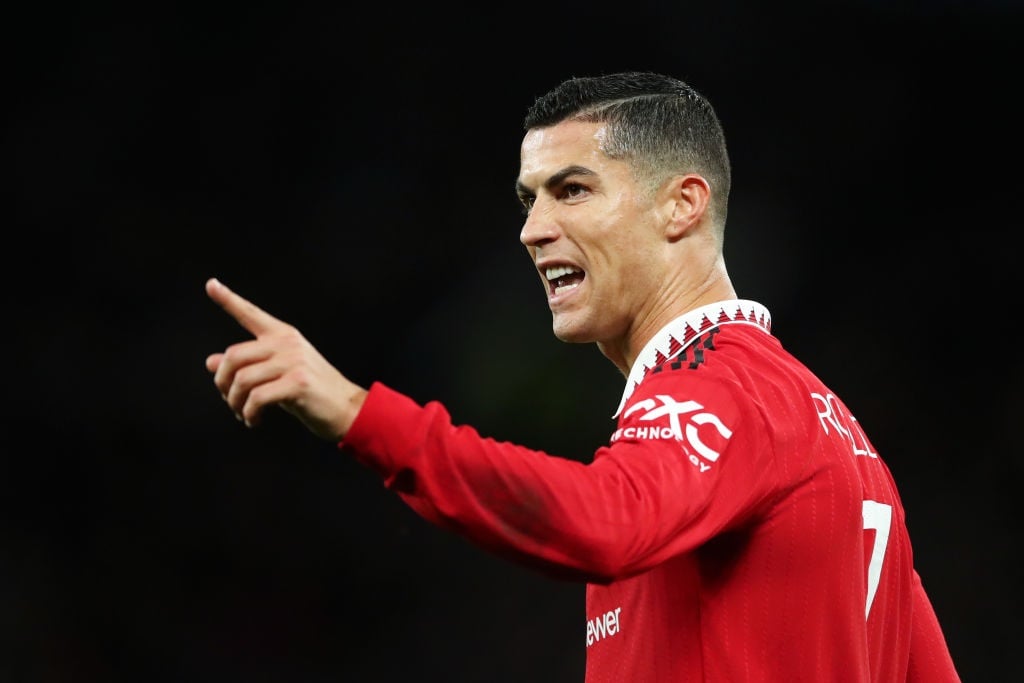 MANCHESTER, ENGLAND - OCTOBER 27: Cristiano Ronaldo of Manchester United reacts during the UEFA Europa League group E match between Manchester United and Sheriff Tiraspol at Old Trafford on October 27, 2022 in Manchester, England. (Photo by Jan Kruger/Getty Images)