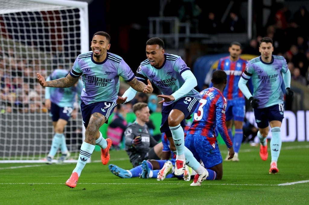 LONDON, ENGLAND - DECEMBER 21: Gabriel Jesus of Arsenal celebrates scoring his teams first goal with teammate Gabriel during the Premier League match between Crystal Palace FC and Arsenal FC at Selhurst Park on December 21, 2024 in London, England. (Photo by Alex Pantling/Getty Images)