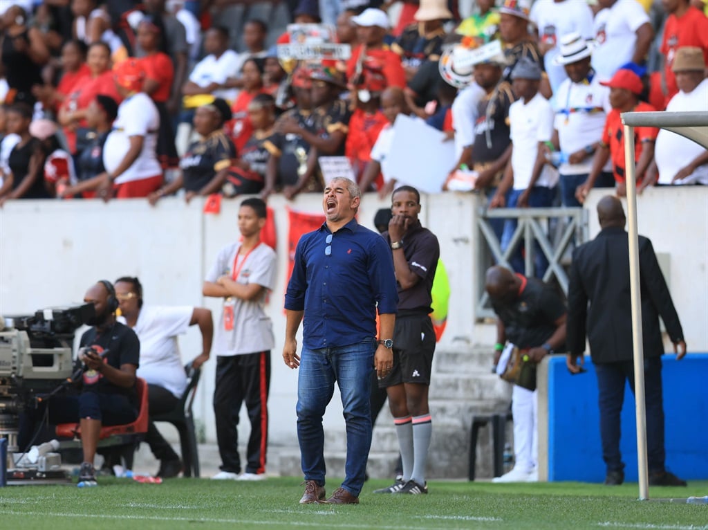 Clinton Larsen, coach of Magesi FC reacts during the 2024 Carling Knockout Cup quarterfinal match between TS Galaxy and Magesi FC at Mbombela Stadium in Nelspruit on 03 November 2024