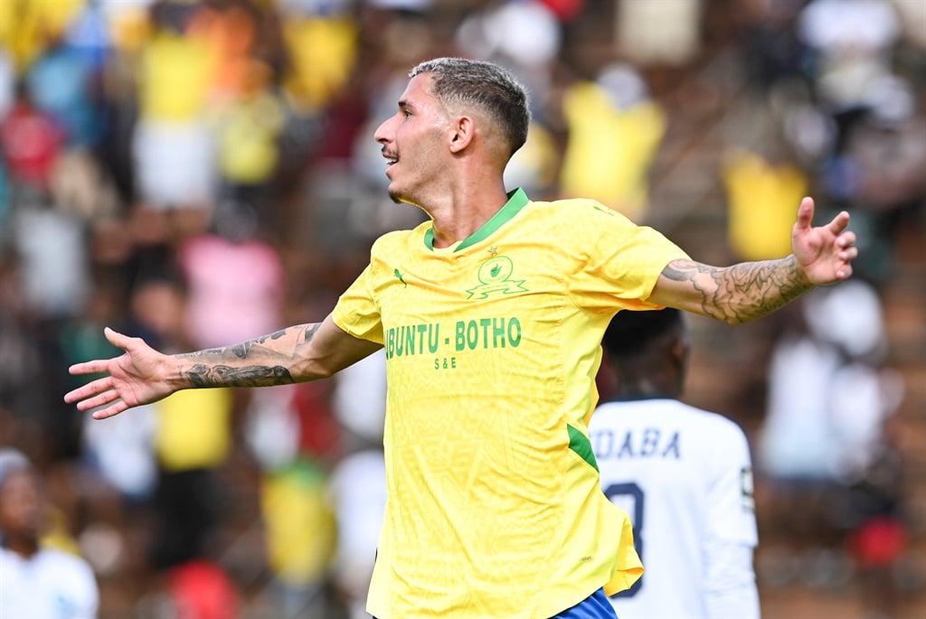 DURBAN, SOUTH AFRICA - DECEMBER 28: Arthur Sales of Mamelodi Sundowns celebrates scoring during the Betway Premiership match between Richards Bay and Mamelodi Sundowns at King Goodwill Zwelithini Stadium on December 28, 2024 in Durban, South Africa. (Photo by Darren Stewart/Gallo Images)