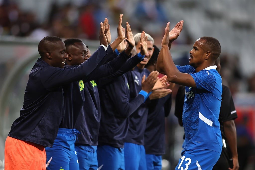 CAPE TOWN, SOUTH AFRICA - DECEMBER 18: Iqraam Rayners of Mamelodi Sundowns is congratulated for scoring the opening goal during the Betway Premiership match between Stellenbosch FC and Mamelodi Sundowns at DHL Stadium on December 18, 2024 in Cape Town, South Africa. (Photo by Shaun Roy/Gallo Images