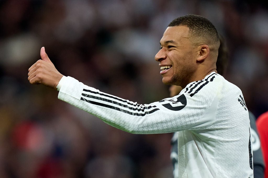 MADRID, SPAIN - DECEMBER 22: Kylian Mbappe of Real Madrid gestures during the LaLiga match between Real Madrid CF and Sevilla FC at Estadio Santiago Bernabeu on December 22, 2024 in Madrid, Spain. (Photo by Angel Martinez/Getty Images)