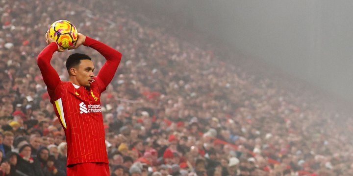 Trent Alexander-Arnold of Liverpool prepares to throw the ball during Liverpool's Premier League match against Leicester City.