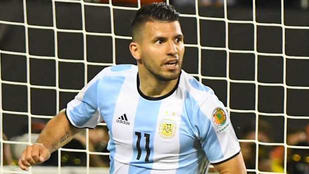 Sergio Aguero reacts after scoring a goal in the second half during the group play stage of the 2016 Copa America.