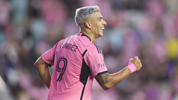 Inter Miami CF forward Luis Suarez (9) celebrates scoring during the first half against the New England Revolution.