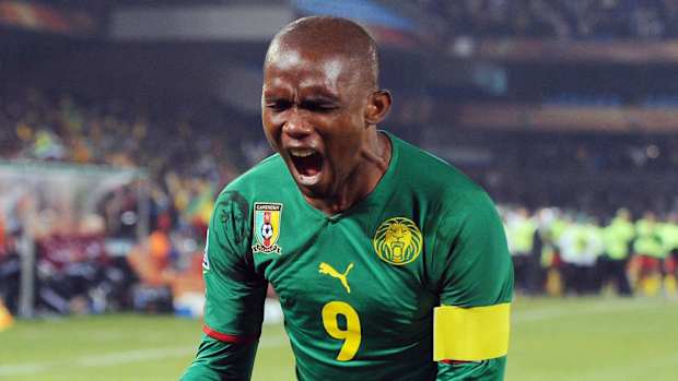  Cameroon forward Samuel Eto'o celebrates after scoring a goal during Group E play against Denmark.