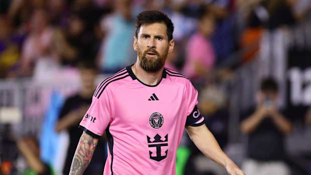 Inter Miami FC forward Lionel Messi (10) reacts in the second half against the Atlanta United FC in a 2024 MLS Cup Playoffs.