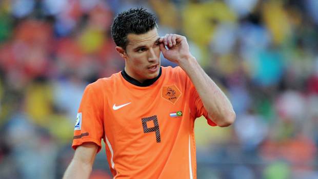 Robin van Persie (9) reacts during the quarterfinals of the 2010 World Cup against Brazil at Nelson Mandela Bay Stadium. 