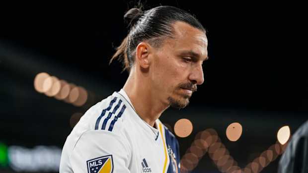 LA Galaxy forward Zlatan Ibrahimovic looks on during the first half against Minnesota United at Allianz Field.