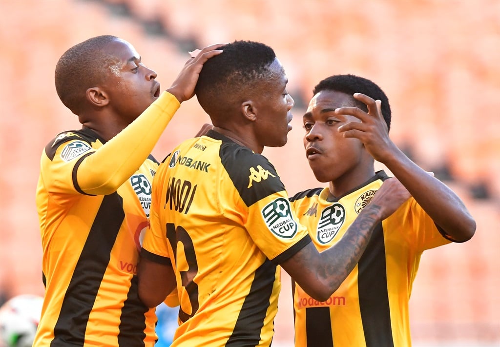 JOHANNESBURG, SOUTH AFRICA - JANUARY 26: Pule Mmodi of Kaizer Chiefs celebrates scoring a goal with team mates during the Nedbank Cup, Last 32 match between Kaizer Chiefs and Free Agents FC at FNB Stadium on January 26, 2025 in Johannesburg, South Africa. (Photo by Sydney Seshibedi/Gallo Images)