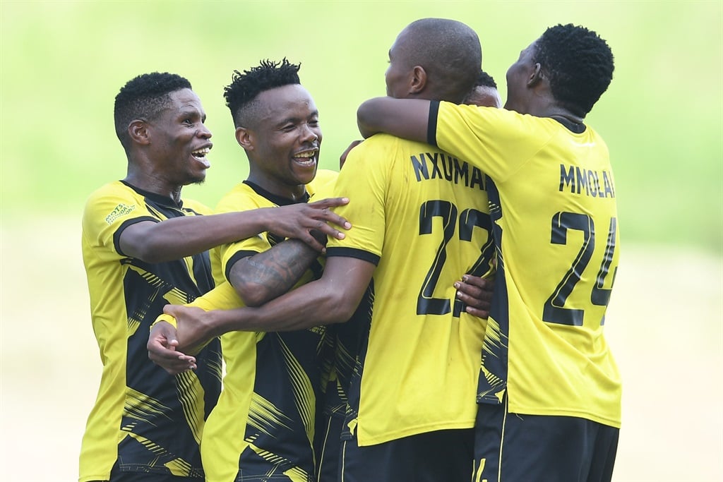 PRETORIA, SOUTH AFRICA - JANUARY 18:   Train Mokhabi of of JDR Stars celebrates scoring a goal with teammates during the Motsepe Foundation Championship match between JDR Stars and Leruma United FC at Soshanguve Giant Stadium on January 18, 2025 in Pretoria, South Africa. (Photo by Lefty Shivambu/Gallo Images)