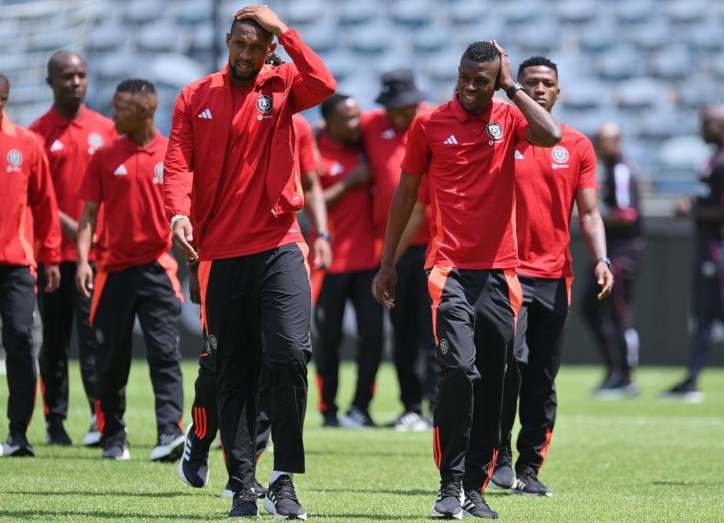 Innocent Maela and Melusi Buthelezi of Orlando Pirates before the Betway Premiership 2024/25 match between Pirates and Stellenbosch FC at Orlando Stadium, Soweto on 01 December 2024 