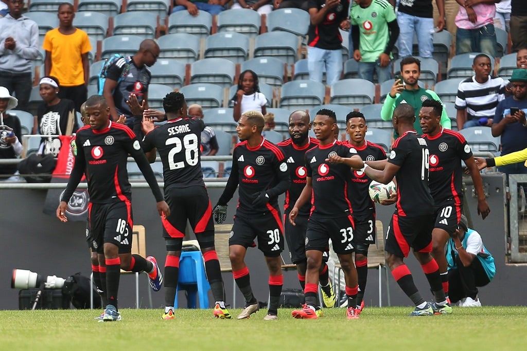 SOWETO, SOUTH AFRICA - JANUARY 04: Relebohile Mofokeng of Orlando Pirates celebrates a goal during the CAF Champions League match between Orlando Pirates and Stade dAbidjan at Orlando Stadium on January 04, 2025 in Soweto, South Africa. (Photo by Daniel Hlongwane/Gallo Images)