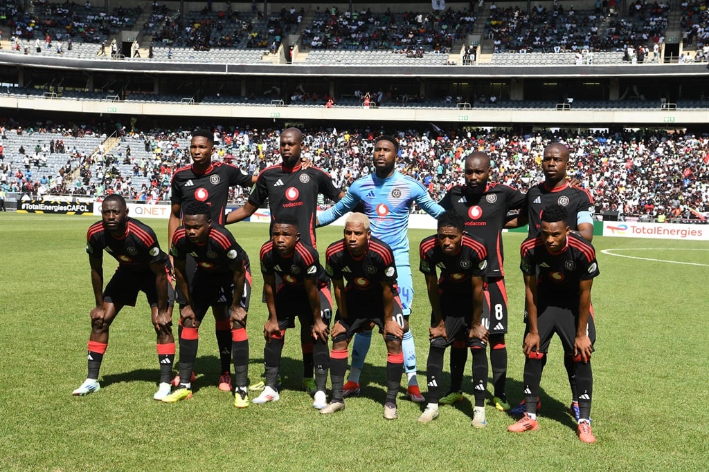 JOHANNESBURG, SOUTH AFRICA - DECEMBER 07: Orlando Pirates team during the CAF Champions League match between Orlando Pirates and Al Ahly SC at Orlando Stadium on December 07, 2024 in Johannesburg, South Africa. (Photo by Lefty Shivambu/Gallo Images)