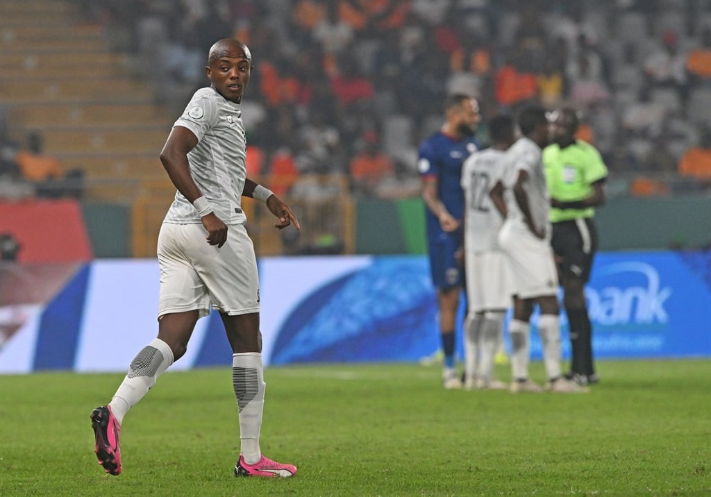 Zakhele Lepasa playing for South Africa during the 2023 Africa Cup of Nations quarterfinal match between Cape Verde and South Africa at Charles Konan Stadium in Yamoussoukro, Cote dIvoire on 3 February 2024 