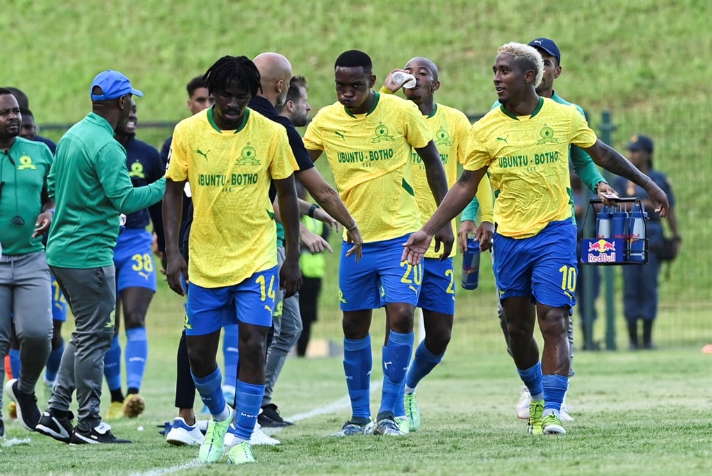DURBAN, SOUTH AFRICA - DECEMBER 28: Lucas Ribeiro of Mamelodi Sundowns celebrates scoring during the Betway Premiership match between Richards Bay and Mamelodi Sundowns at King Goodwill Zwelithini Stadium on December 28, 2024 in Durban, South Africa. (Photo by Darren Stewart/Gallo Images),Ä@