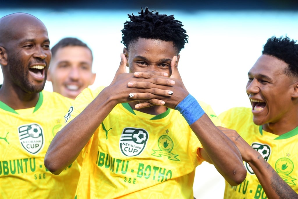 PRETORIA, SOUTH AFRICA - JANAURY 25: Malibongwe Khoza of Mamelodi Sundowns celebrates scoring a goal with Keagan Johannes of Mamelodi Sundowns and Mosa Lebusa of Mamelodi Sundowns during the Nedbank Cup, Last 32 match between Mamelodi Sundowns and Sibanye Golden Stars at Loftus Versfeld Stadium on January 25, 2025 in Pretoria, South Africa. (Photo by Lefty Shivambu/Gallo Images)