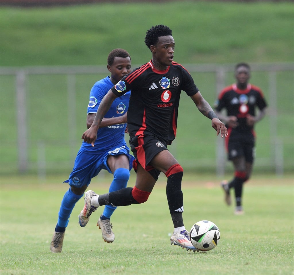 Asimbonge Mdunge of Richards Bay FC challenges Neo Mokoena of Orlando Pirates during the Dstv Diski Challenge 2024/25 match between Richards Bay FC and Orlando Pirates on 23 February 2025 at Chatsworth Stadium in Chatsworth  