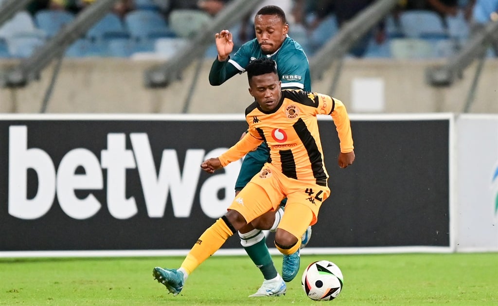 Mduduzi Shabalala of Kaizer Chiefs FC is challenged by Riaan Hanamub of AmaZulu FC during the Betway Premiership 2024/25 game between AmaZulu and Kaizer Chiefs at Moses Mabhida Stadium in Durban on 25 September 2024