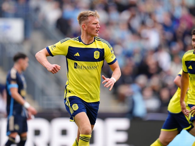  San Surridge celebrates a goal for Nashville SC on March 16, 2025