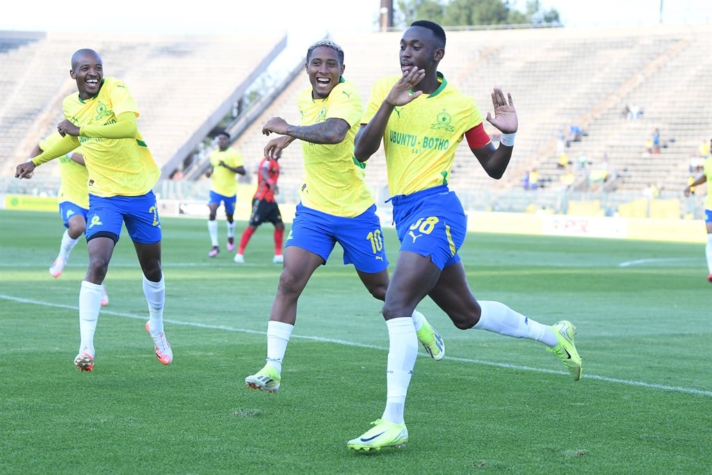 PRETORIA, SOUTH AFRICA - FEBRUARY 22:   Peter Shalulile of Mamelodi Sundowns celebrates his goal withThapelo Morena and Lucas Ribeiro Costa during the Betway Premiership match between Mamelodi Sundowns and TS Galaxy at Lucas Masterpieces Moripe Stadium on February 22, 2025 in Pretoria, South Africa. (Photo by Lefty Shivambu/Gallo Images)