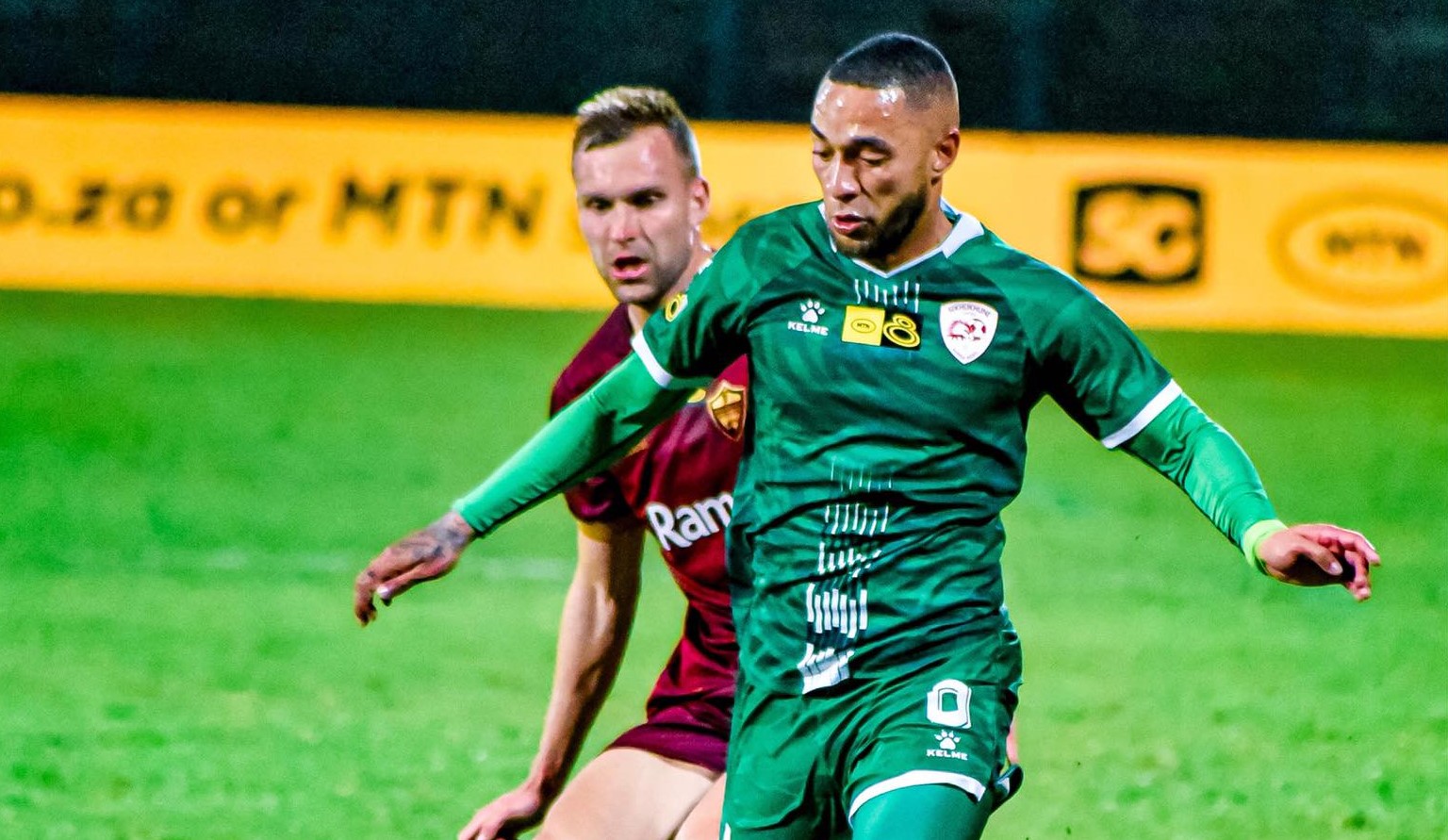 Sekhukhune United midfielder Miguel Timm on the ball against Stellenbosch’s Andre De Jong